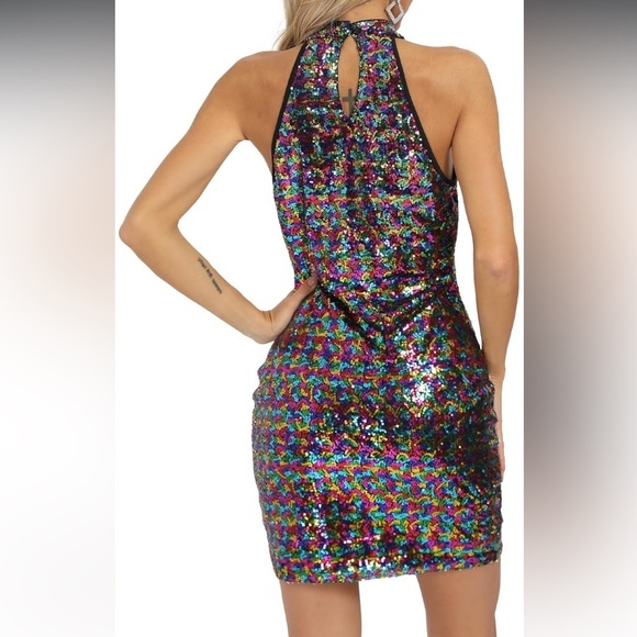 XL Multi-Colored Sequin Ruched Halter Mini Dress - Picture 4 of 10